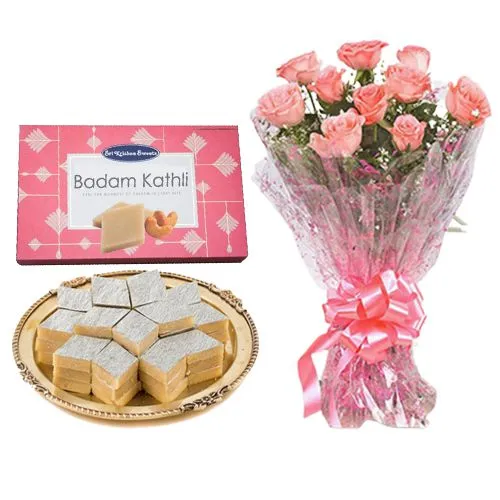 Badam Kathli from Sri Krishna Sweets with Pink Rose Bouquet