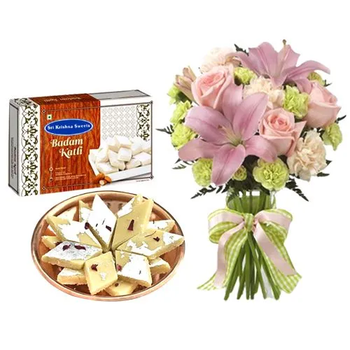 Badam Kathli from Sri Krishna Sweets with Flowers Bouquet