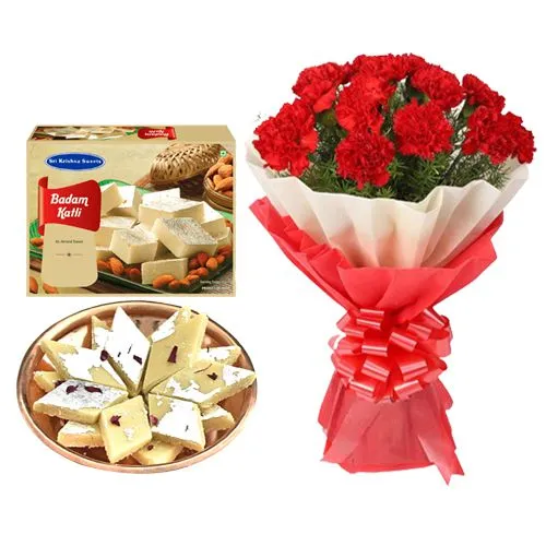 Badam Kathli from Sri Krishna Sweets with Red Carnation Tissue Wrapped Bouquet