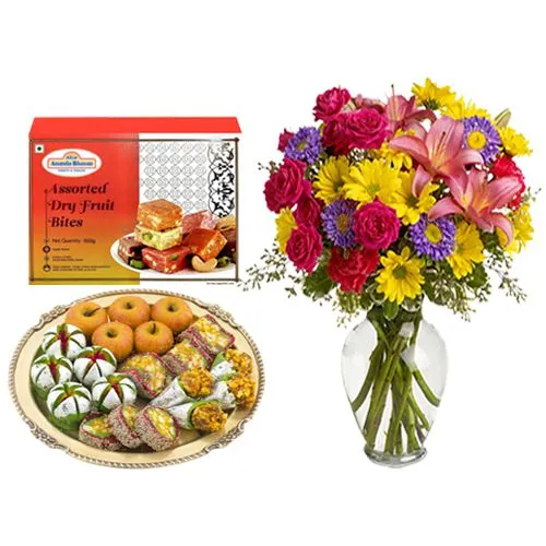 Assorted Dry Fruit Sweets from Adyar Ananda Bhawan with Mixed Flower Arrangement