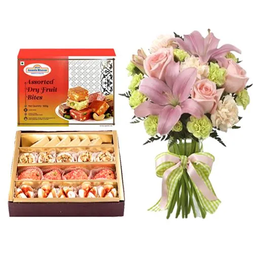 Assorted Dry Fruit Sweets from Adyar Ananda Bhawan with Flowers Bouquet