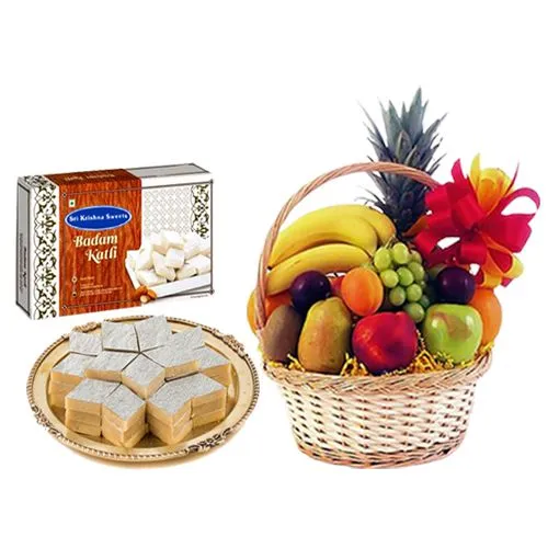 Badam Kathli from Sri Krishna Sweets with Fresh Fruit Basket
