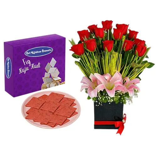 Fig Kathli from Sri Krishna Sweets with Designer Flower Arrangement