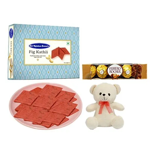Fig Kathli from Sri Krishna Sweets with Teddy  N  Ferrero Rocher Chocolate Pack