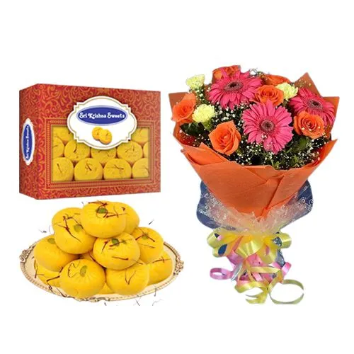 Kesar Peda from Sri Krishna Sweets with Seasonal Flower Bouquet