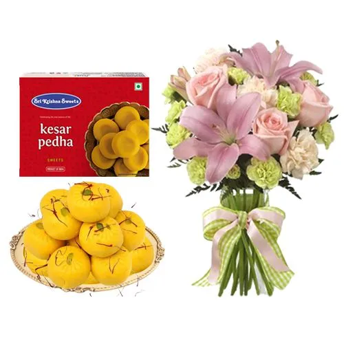 Kesar Peda from Sri Krishna Sweets with Flowers Bouquet