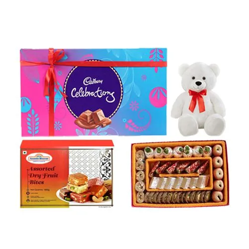 Assorted Dry Fruit Sweets from Adyar Ananda Bhawan with Teddy N Cadbury Celebration
