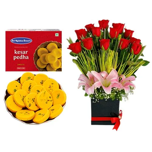 Kesar Peda from Sri Krishna Sweets with a Designer Flower Arrangement