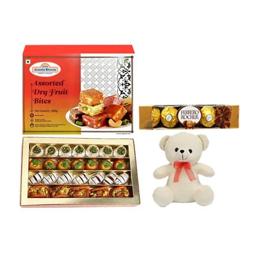 Assorted Dry Fruit Sweets from Adyar Ananda Bhawan with a Teddy N Ferrero Rocher