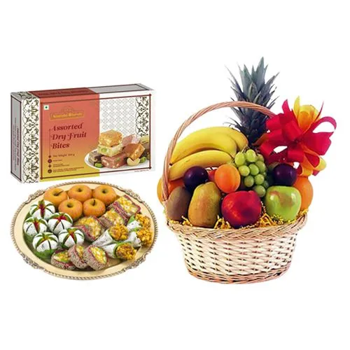 Assorted Dry Fruit Sweets from Adyar Ananda Bhawan with Fresh Fruit Basket