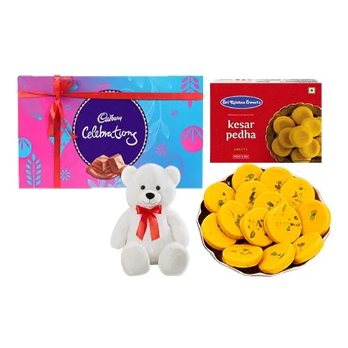 Kesar Peda from Sri Krishna Sweets with Teddy  N  Cadbury Celebration Chocolate Pack