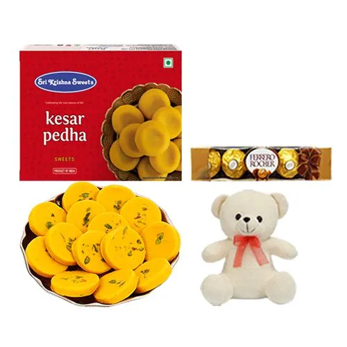 Kesar Peda from Sri Krishna Sweets with Teddy  N  Ferrero Rocher Chocolate Pack
