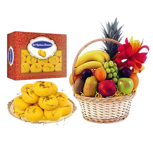 Kesar Peda from Sri Krishna Sweets with Fresh Fruit Basket
