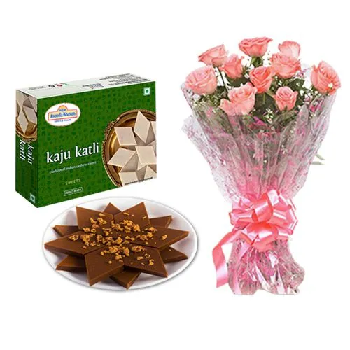 Palmsugar Kaju Kathily from Adyar Ananda Bhawan with Pink Rose Bouquet