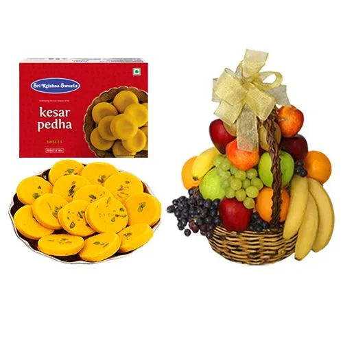 Kesar Peda from Sri Krishna Sweets with Fresh Fruit Basket