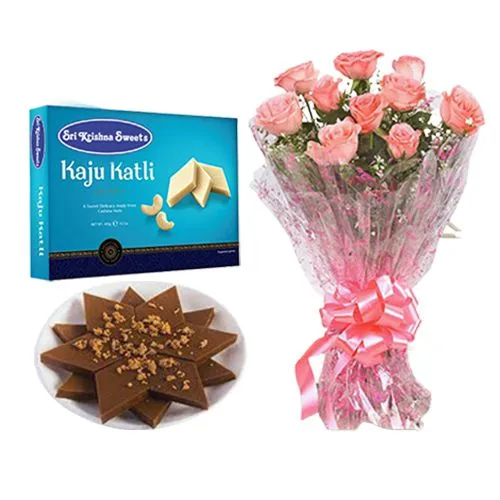 Karupatti Katli from Sri Krishna Sweets with Pink Rose Bouquet
