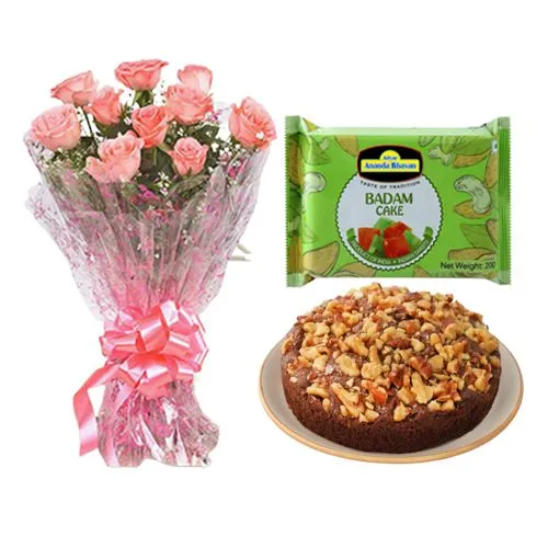 Badam Cake from Adyar Ananda Bhawan with Pink Rose Bouquet