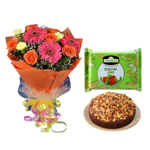 Badam Cake from Adyar Ananda Bhawan with Seasonal Flower Bouquet