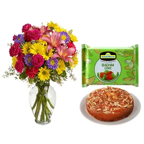 Badam Cake from Adyar Ananda Bhawan with Mixed Flower Arrangement