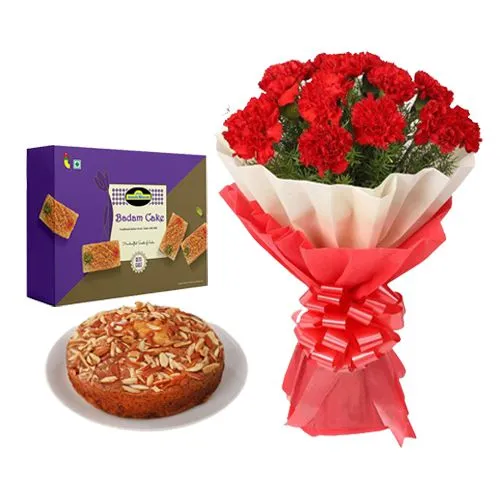 Badam Cake from Adyar Ananda Bhawan with Red Carnation Tissue Wrapped Bouquet