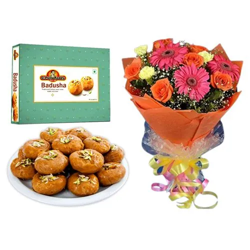 Badusha from G Pulla Reddy with Seasonal Flower Bouquet