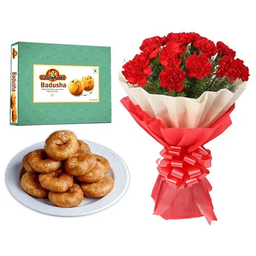 Badusha from G Pulla Reddy with Red Carnation Bouquet