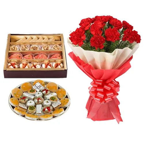 Assorted Sweets from G Pulla Reddy with Red Carnation Bouquet