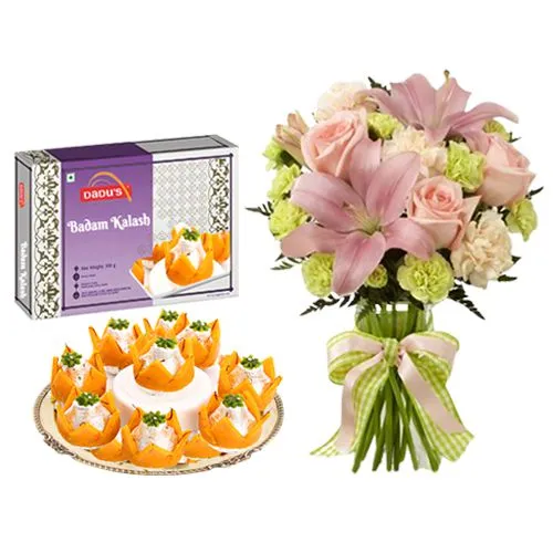 Badam Kalash from Dadus with a Flowers Bouquet