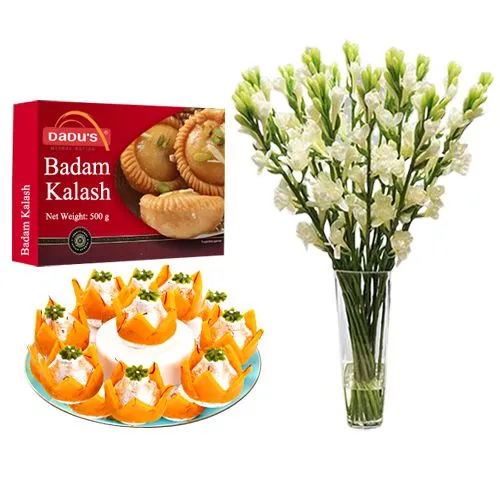 Badam Kalash from Dadus with a Rajnigandha Stems in a Glass Vase