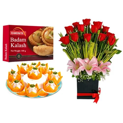 Badam Kalash from Dadus with a Designer Flower Arrangement