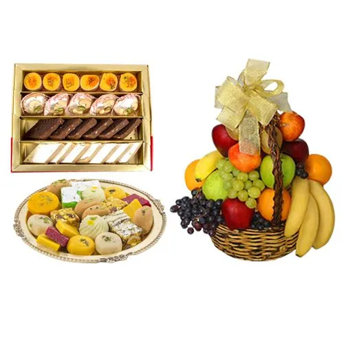 Assorted Sweets from G Pulla Reddy with Fresh Fruit Basket