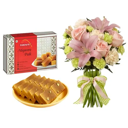 Ghee Mysorepak from Dadus with a Flowers Bouquet