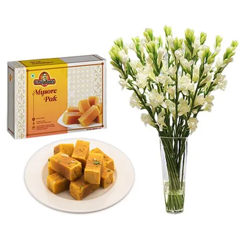 Milk Mysorepak from G Pulla Reddy with Rajnigandha Stems