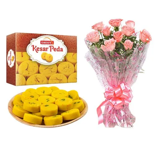 Kesar Peda from Dadus with Pink Rose Bouquet