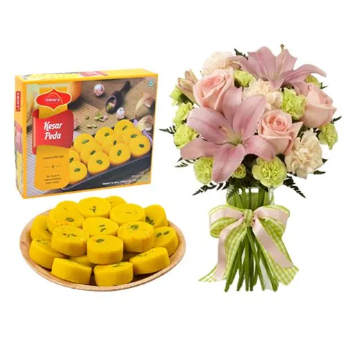 Kesar Peda from Dadus with a Flowers Bouquet