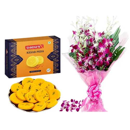 Kesar Peda from Dadus with Orchid Bouquet
