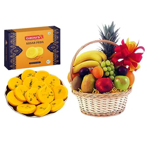Kesar Peda from Dadus with Fresh Fruit Basket