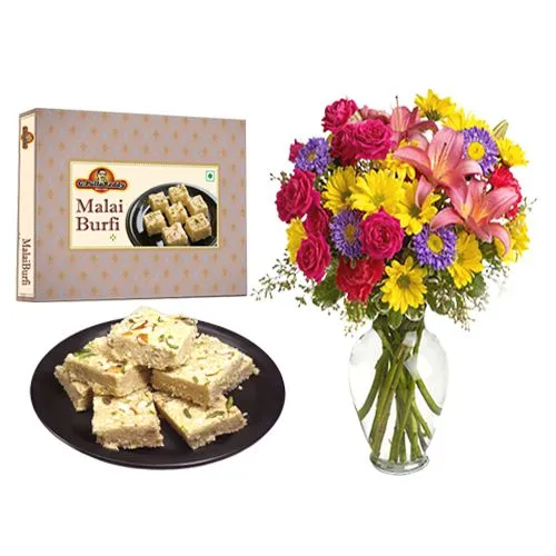 Malai Burfi from G Pulla Reddy with Mixed Flower Arrangement