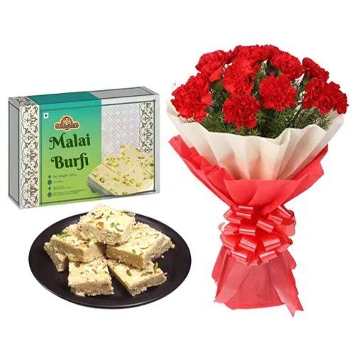 Malai Burfi from G Pulla Reddy with Red Carnation Bouquet