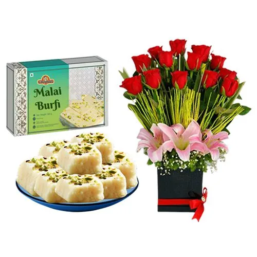 Malai Burfi from G Pulla Reddy with Designer Flower Arrangement