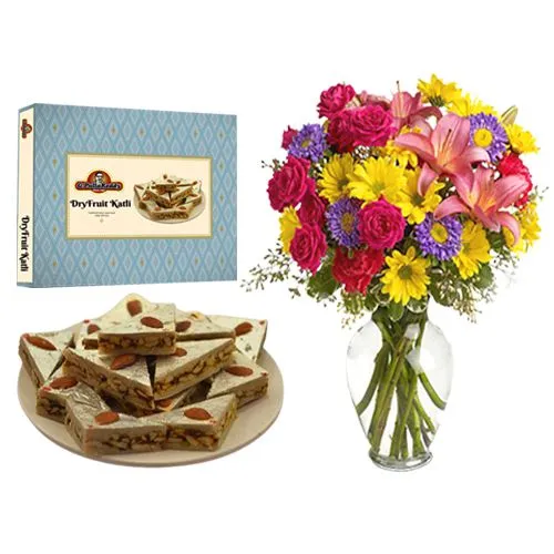 DryFruit Katli from G Pulla Reddy with Mixed Flower Arrangement