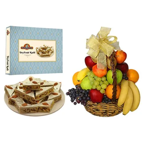 DryFruit Katlifrom G Pulla Reddy with Fresh Fruit Basket