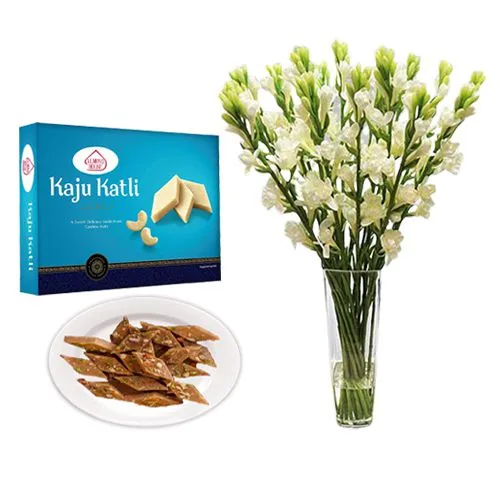 Peppery Cashew Burfi from Almond House with Rajnigandha Stems