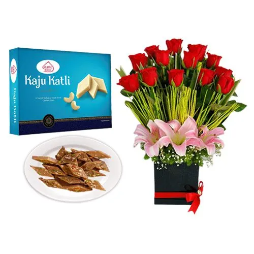 Peppery Cashew Burfi from Almond House with Designer Flower Arrangement