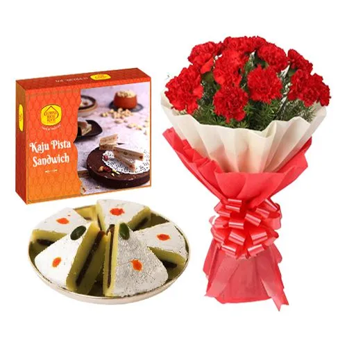 Kaju Pista Sandwich from Almond House with Red Carnation Bouquet