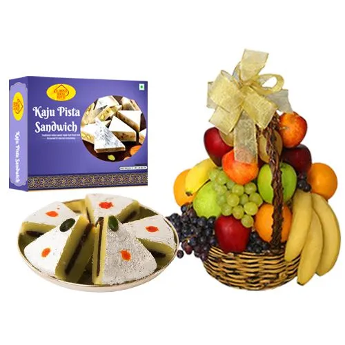 Kaju Pista Sandwich from Almond House with Fresh Fruit Basket