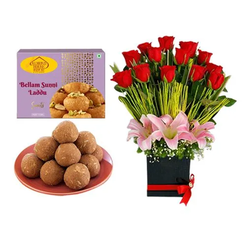 Bellam Sunni Laddu from Almond House with Designer Flower Arrangement