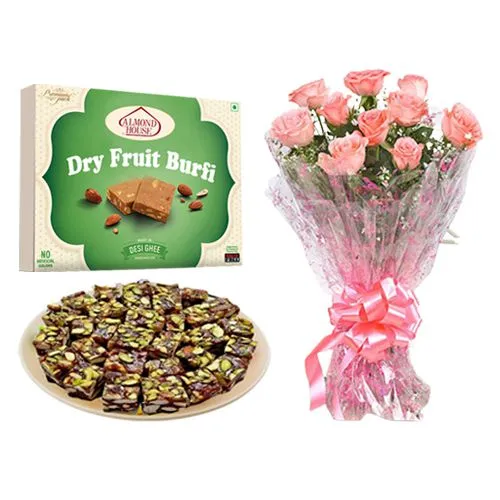 Dry Fruit Burfi from Almond House with Pink Rose Bouquet