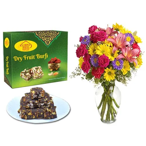 Dry Fruit Burfi from Almond House with Mixed Flower Arrangement