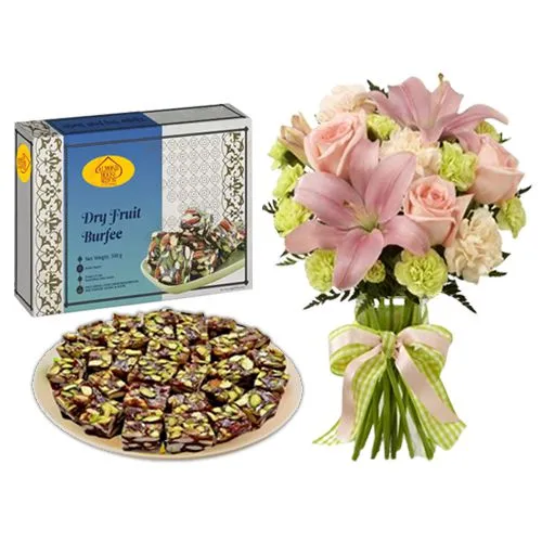 Dry Fruit Burfi from Almond House with Flowers Bouquet